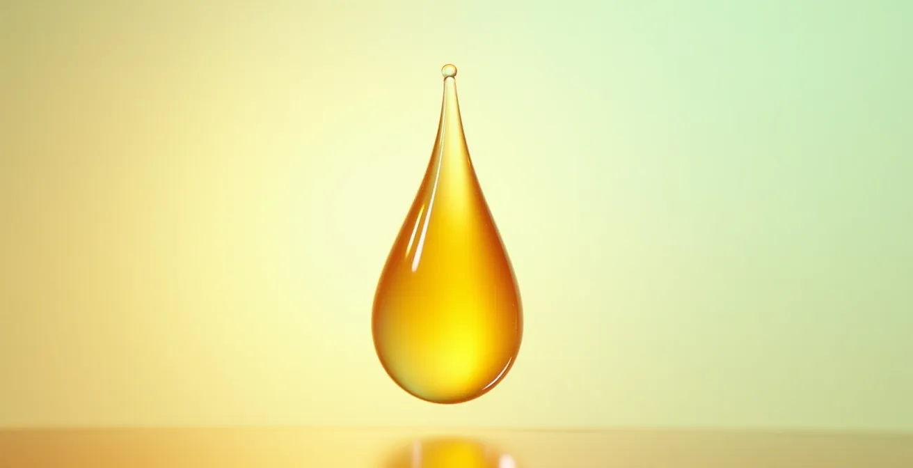 Goutte de sérum doré en suspension sur fond neutre