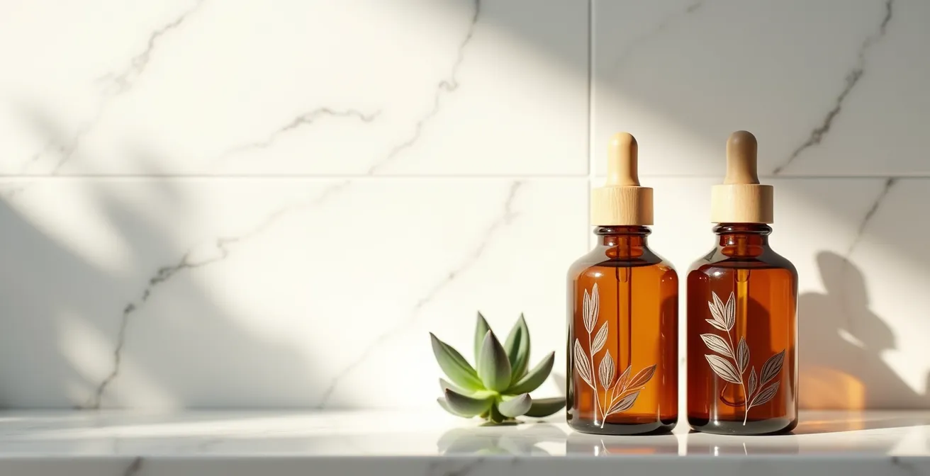 Arrangement épuré de flacons de soins sur étagère de salle de bain moderne