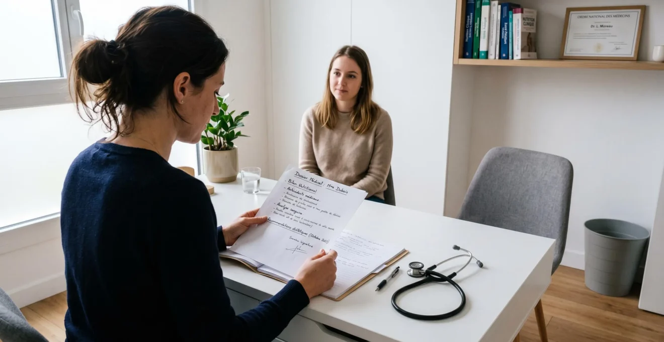 Consultation nutritionniste dans cabinet médical contemporain, médecin consultant dossier patient, atmosphère professionnelle rassurante