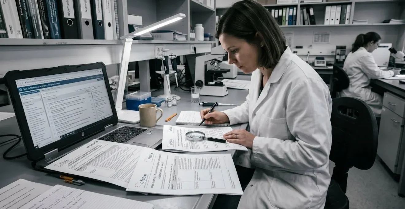 Documents officiels EFSA et ANSES sur allégations santé biotine, loupe et ordinateur sur bureau de laboratoire d'analyse nutritionnelle