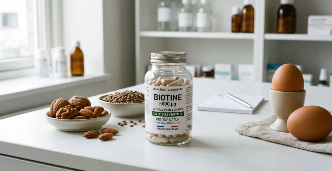 Flacon transparent de compléments de biotine sur comptoir blanc de pharmacie, entouré d'œufs bio, noix et légumineuses, éclairage naturel doux