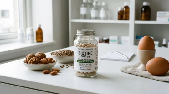 Flacon transparent de compléments de biotine sur comptoir blanc de pharmacie, entouré d'œufs bio, noix et légumineuses, éclairage naturel doux