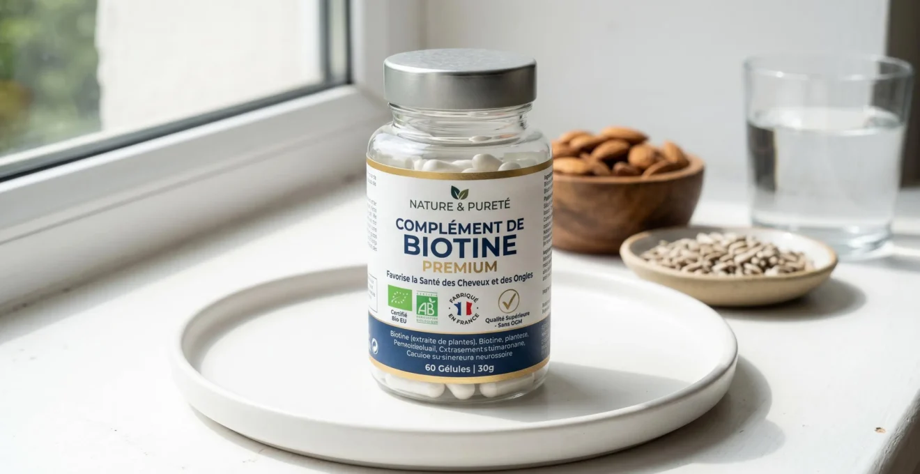 Packaging de complément de biotine premium français avec certifications qualité visibles, posé sur surface blanche avec ingrédients naturels en arrière-plan