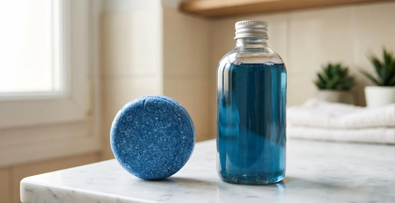 Shampoing bleu solide à côté d'un flacon de shampoing bleu liquide sur un plan de salle de bain