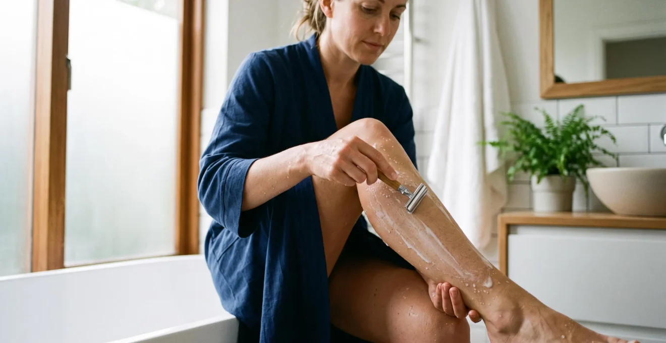 Femme rasant sa jambe avec un rasoir manuel dans une salle de bain moderne et lumineuse.