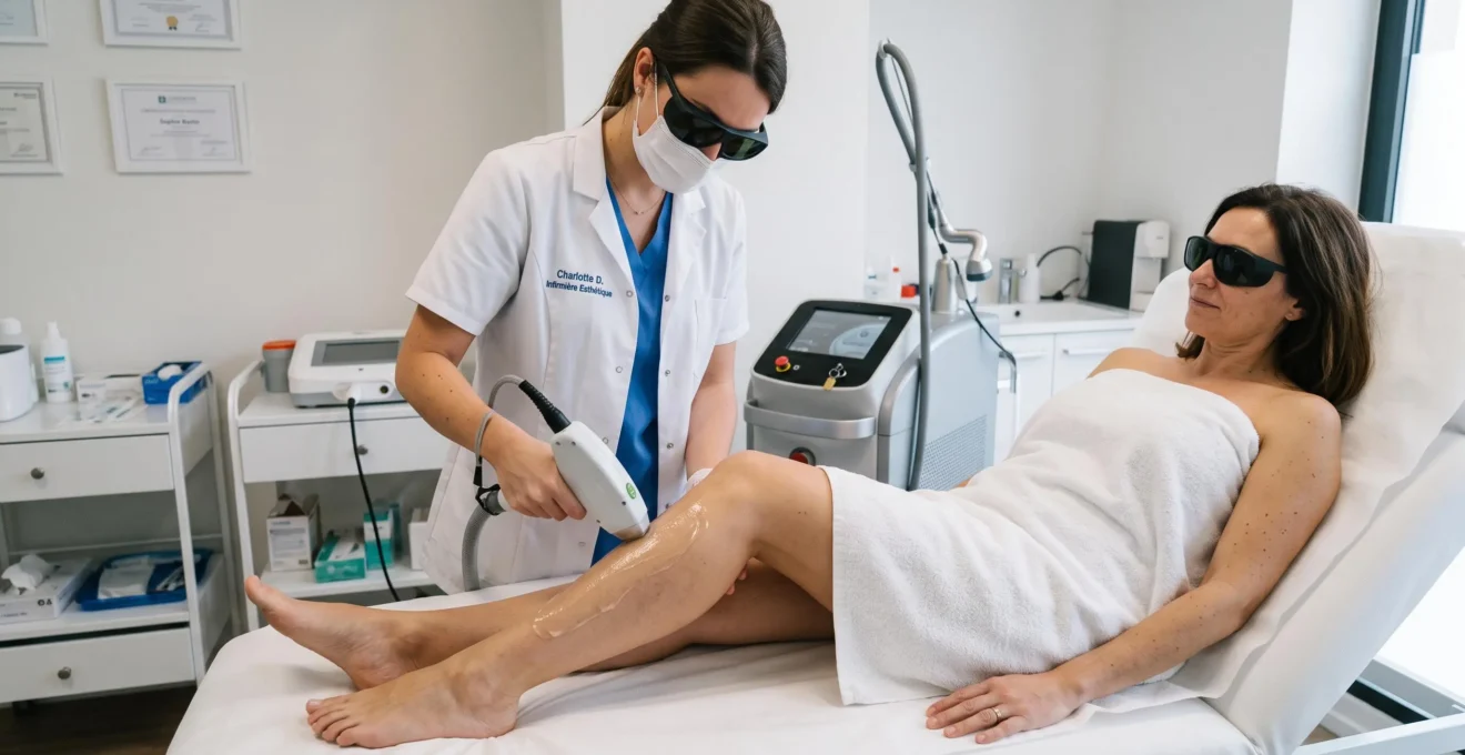 Technicienne en médecine esthétique réalisant une séance d'épilation laser sur la jambe d'une patiente dans un cabinet professionnel, avec l'appareil laser visible.