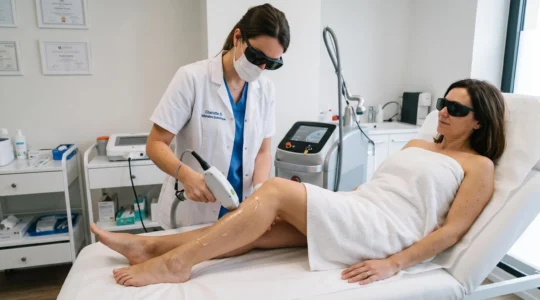 Technicienne en médecine esthétique réalisant une séance d'épilation laser sur la jambe d'une patiente dans un cabinet professionnel, avec l'appareil laser visible.