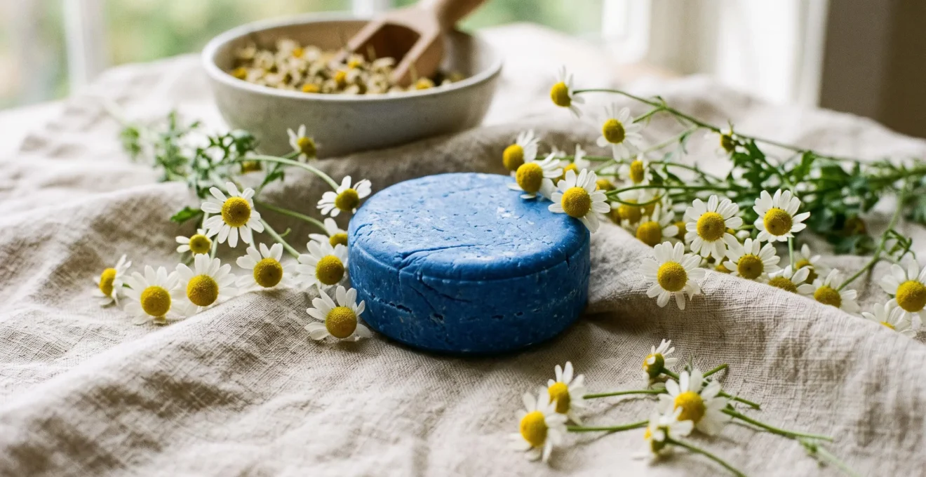Shampoing solide bleu avec des fleurs de camomille sur une surface en lin naturel
