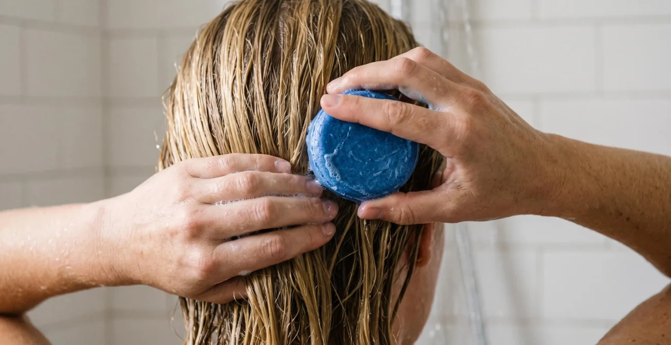 Mains appliquant un shampoing solide bleu en mouvements circulaires sur des cheveux blonds mouillés